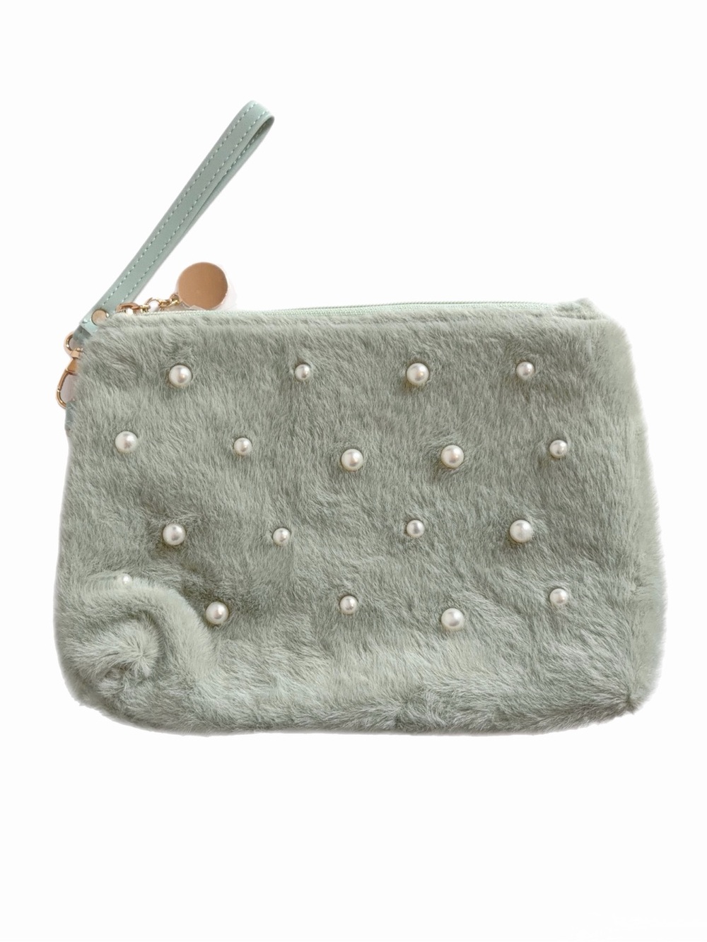 Ulta Beauty Faux Fur Pearl Wristlet Clutch Makeup Bag Mint Sage Green